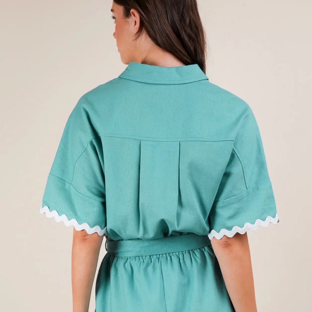 Teal Button-Up Romper with White Trim NWT - Picture 2 of 4